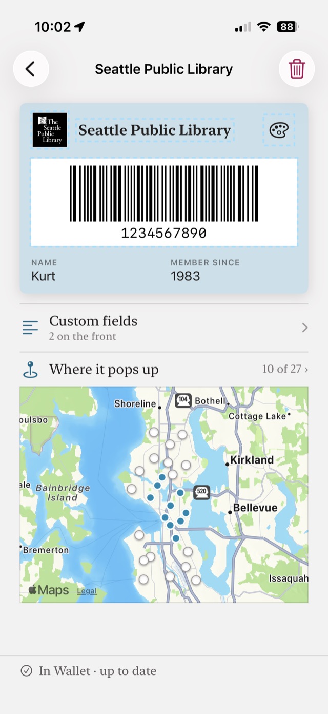 A card's detail screen with
         editable title, colors, custom fields and a map of its places.