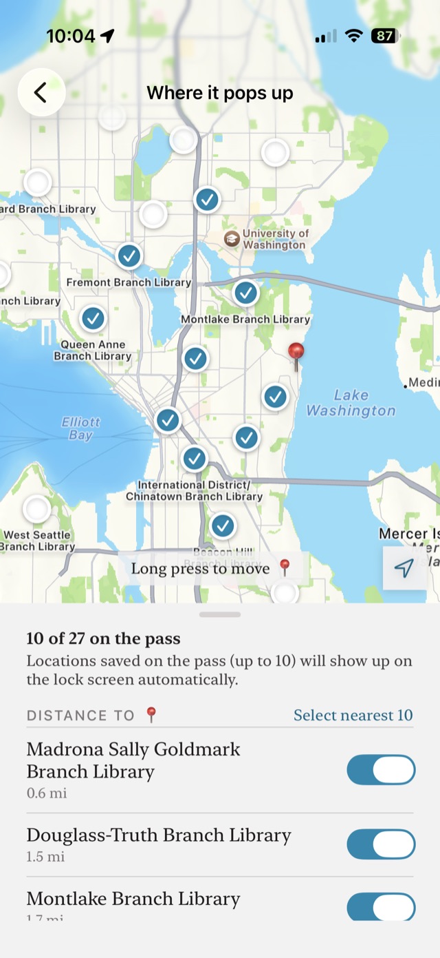 A map of Seattle library
         branches with ten selected for the pass.