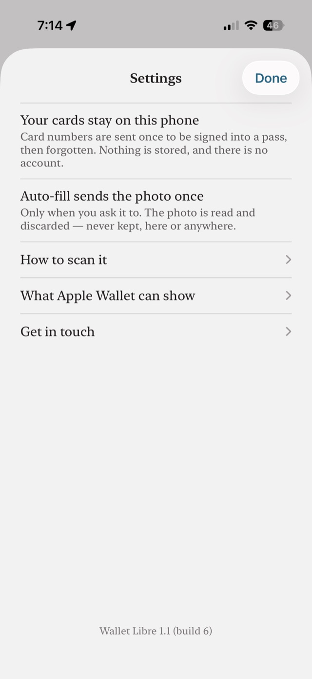 The app's settings
         screen explaining that cards stay on the phone.