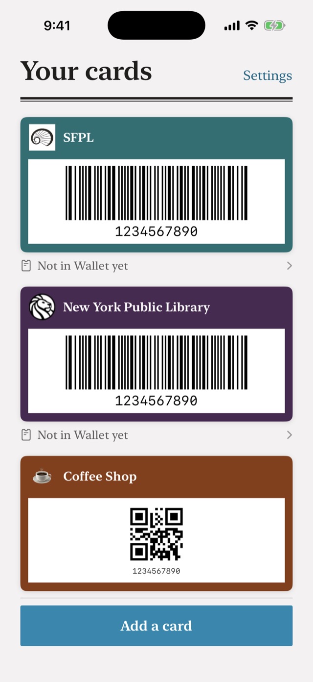 The Wallet Libre card
         shelf, showing three cards with their barcodes.